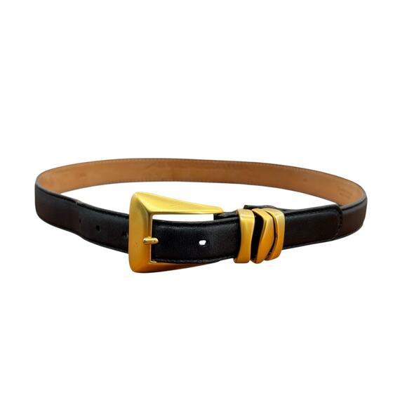 Americana by Sharif Gold Black Leather Belt M Womens Modern Luxe Chic Geometric - Picture 2 of 14